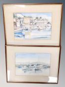 A pair of watercolour studies depicting boats in harbour, in frames and mounts, indistinctly signed,