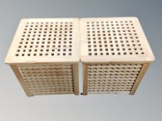A pair of Ikea pine lattice lamp tables/storage boxes and a pine side table fitted a drawer