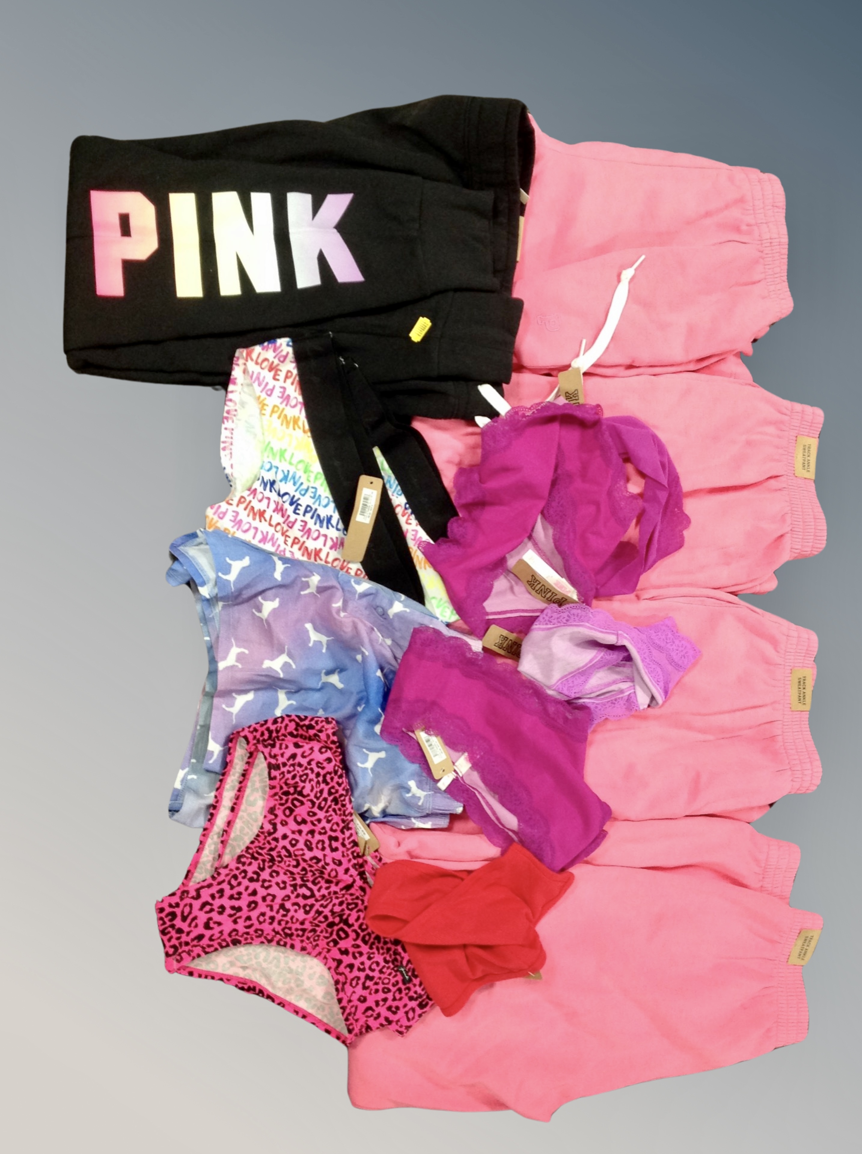 Five pairs of Pink track sweat pants, various sizes,
