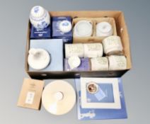 A box of assorted ceramics, Willow tree figure, boxed Wedgwood vase and photograph frame,