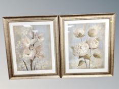 Two large contemporary prints of flowers, framed.