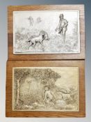 Two relief panels depicting hunting scenes mounted on oak boards