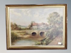 A Howell : A bridge over a river with dwellings beyond, oil on board,