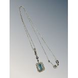 An 18ct white gold necklace set with an aquamarine pendant 4.9g gross.