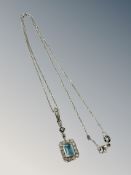 An 18ct white gold necklace set with an aquamarine pendant 4.9g gross.