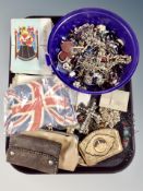 A tray of costume jewellery, crucifix on chain, beaded evening bag,