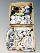Two boxes of antique and later Continental and English ceramics, tea ware, meat plates,