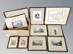 A box of ten colour etchings to include castles, military figures, figures on horse back,