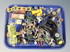 A tray of die cast vehicles : Dinky UFO Interceptor, clock work model cars, marbles,