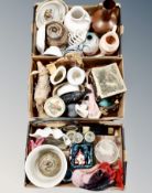 Three boxes of Art Nouveau style table box, pottery items, vases, toast racks,