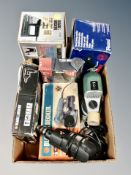 A box of power tools including Black & Decker and Challenge electric drills, sander, spray gun,