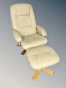 A cream leather swivel relaxer chair with foot stool (distressed)