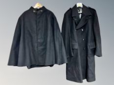A police heavy woolen overcoat with crown buttons and a further Police issue cape with lion head