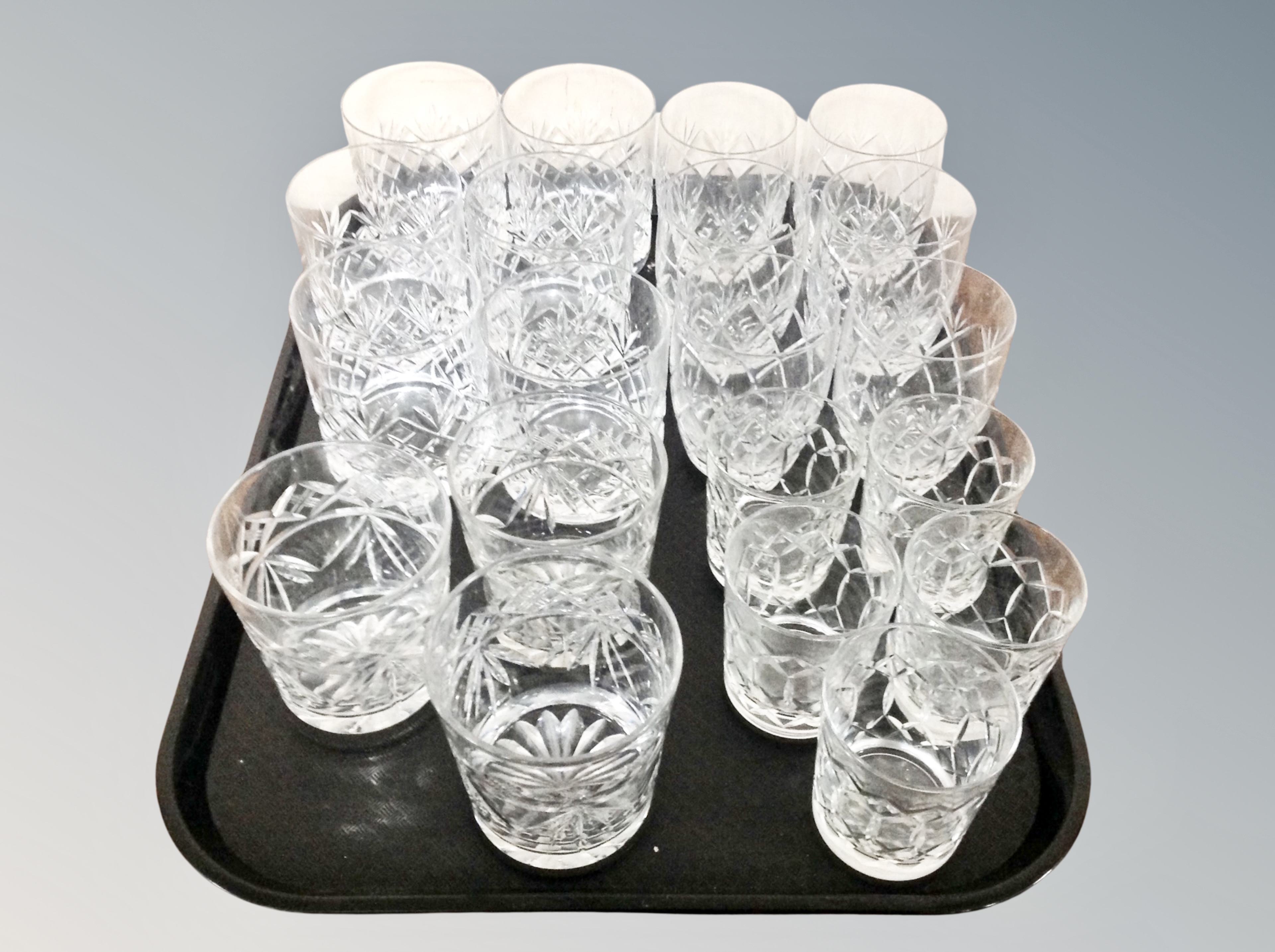 A tray of crystal whisky tumblers