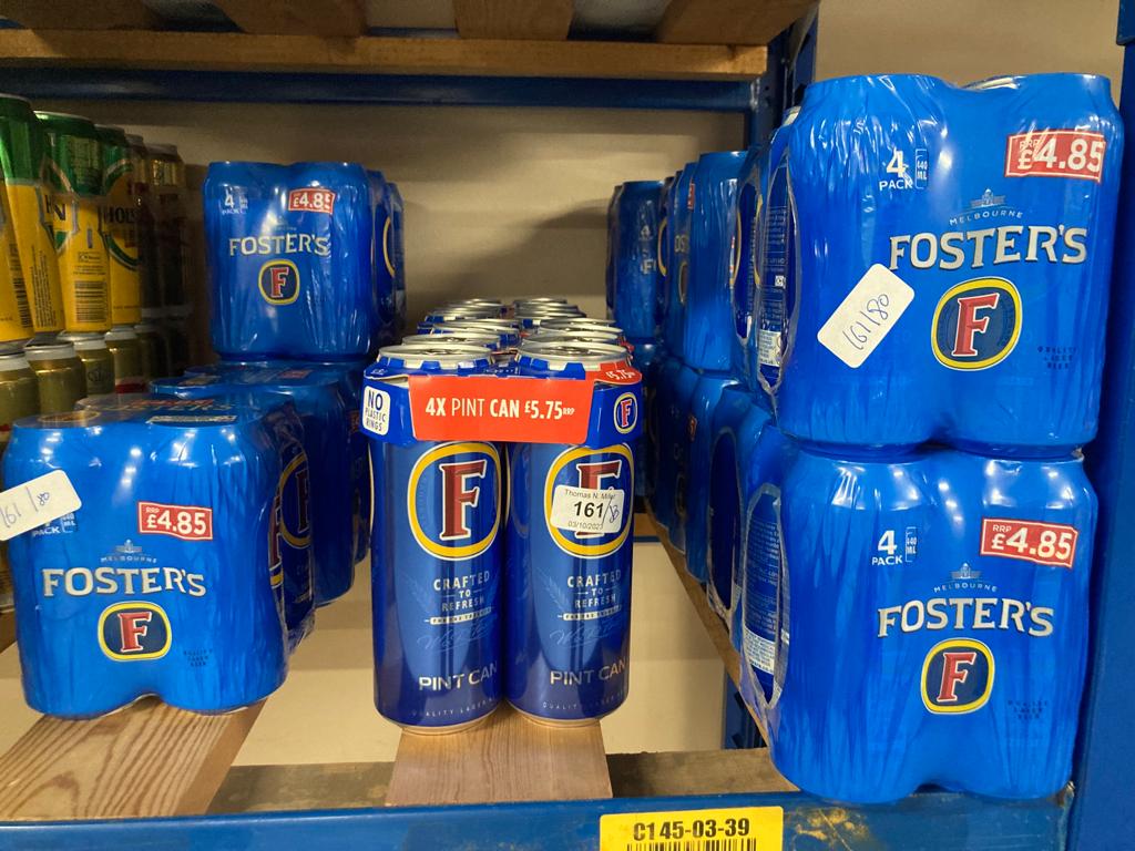 Eighty cans of Fosters Lager, pint cans and 440 ml cans.