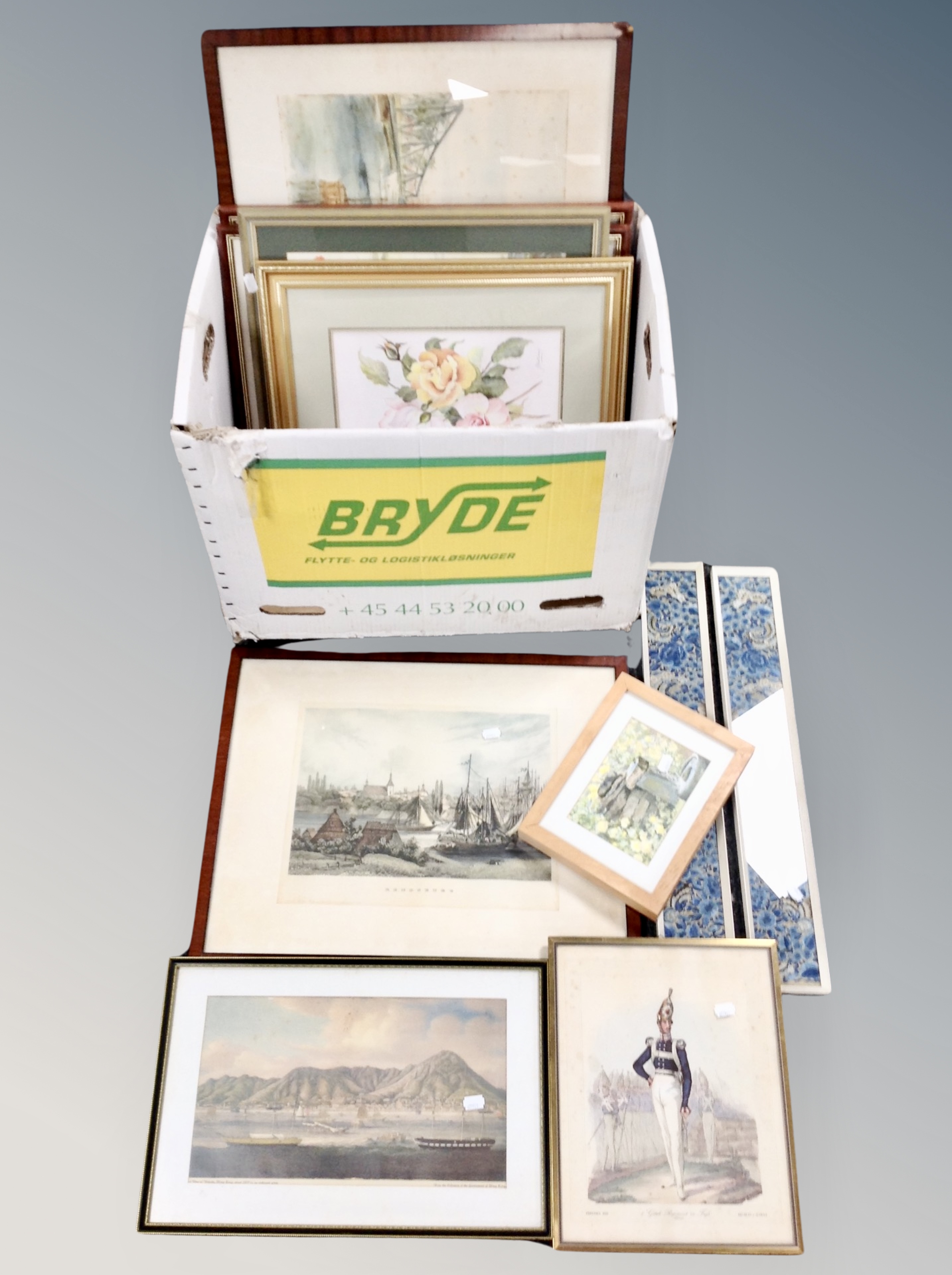 A box of pictures, still lifes, watercolour studies, Prussian soldier print,
