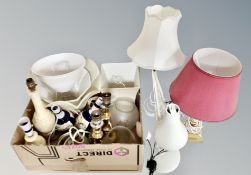 A box of assorted table lamps with shades, brass oriental and alabaster examples,