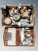 A box of antique and later plated wares, oak canteen of cutlery, fish cutlery,