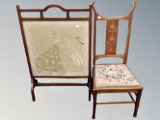 A mahogany Art Nouveau bedroom chair together with a further mahogany framed tapestry fire screen