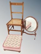 An Edwardian inlaid mahogany bedroom chair together with a swing dressing table mirror on stand and