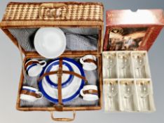 A wicker cased picnic set together with a set of six Pieroth limited edition glasses