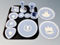 Twelve pieces of Wedgwood Jasperware including silver jubilee plate, 1978 plate, milk jug,