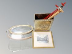 A plastic crate containing brass embossed stick stand, artist's easels,