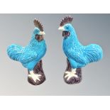 A pair of Chinese porcelain turquoise glaze cockerels,
