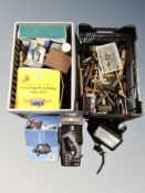 A box of hand tools, flood lights, car polisher,