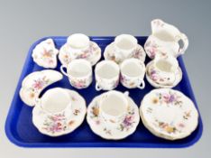 A tray of Royal Crown Derby floral pattern china including tea cups,