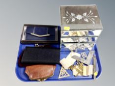 A tray of mirrored jewellery chest, leather purse, Dolce & Gabanna purse,