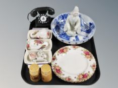 A tray of pottery and porcelain pieces including Poole,