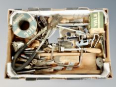 A box of vintage wood working tools, folding boxwood ruler,