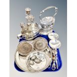 A tray of silver plated items, spirit kettle on stand, two pairs of grape scissors,
