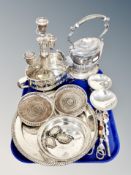 A tray of silver plated items, spirit kettle on stand, two pairs of grape scissors,
