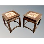 A near pair of Chinese miniature marble topped hardwood stands,