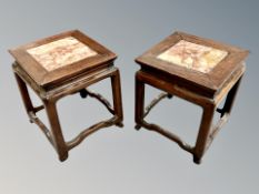 A near pair of Chinese miniature marble topped hardwood stands,