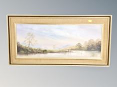 An oil on canvas depicting a figure fishing by a river, indistinctly signed, framed.