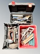 Two crates and tool box containing hand tools, spanners, cobblers last, miniature bench vice,