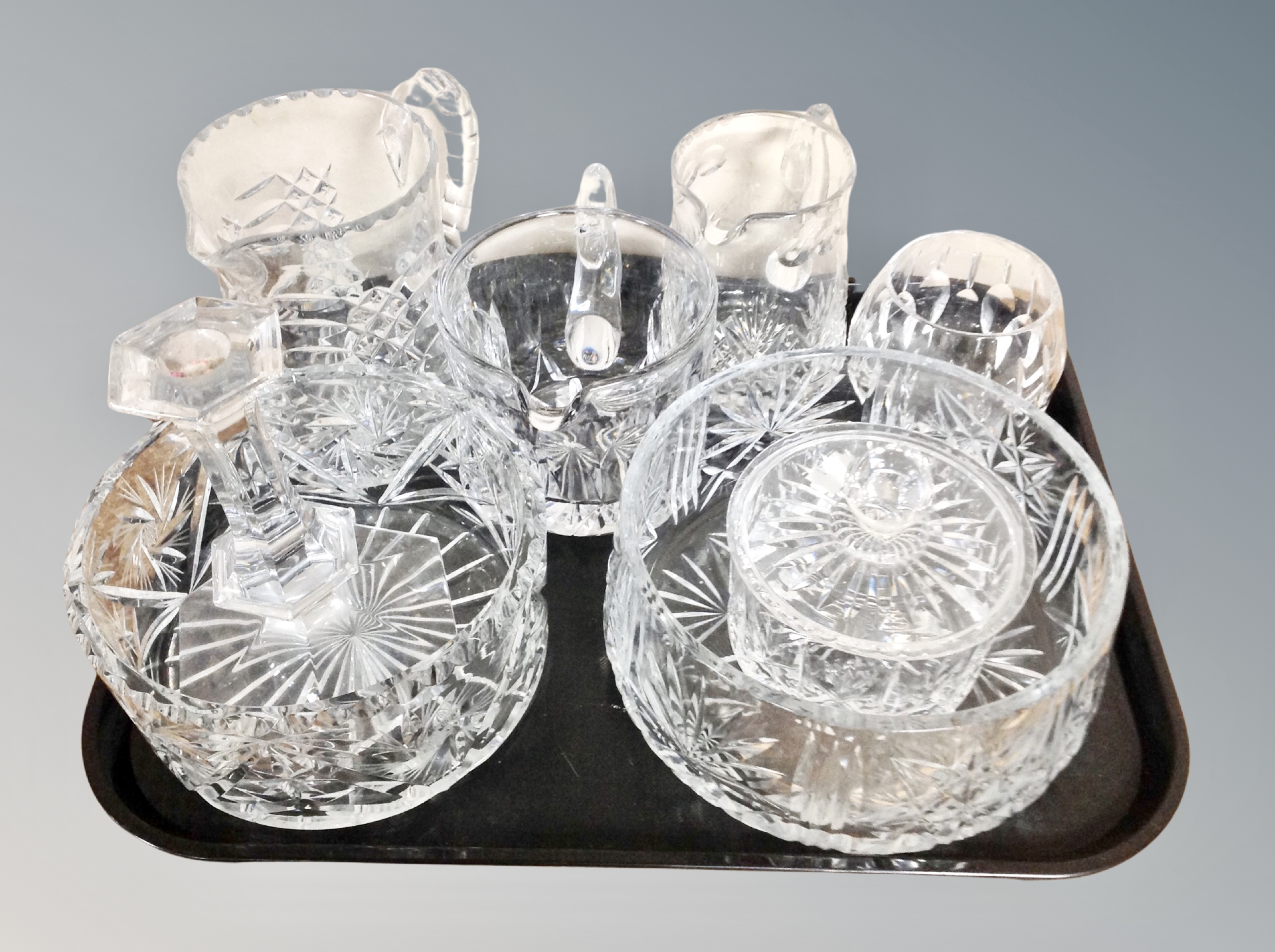 A tray of crystal bowls, jugs,