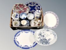 A box of 19th century and later ceramics including blue and white meat plates,