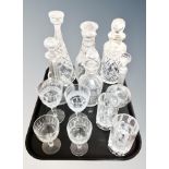 A tray of antique & later crystal and glass, decanters,