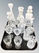 A tray of antique & later crystal and glass, decanters,