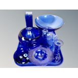 A tray of blue glass, Royal Copenhagen bowl,