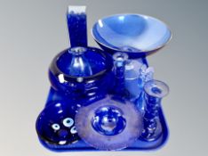 A tray of blue glass, Royal Copenhagen bowl,