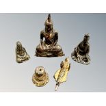 A 19th century Thai gilt metal seated Buddha and thre further Thai/Chinese figures