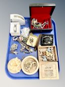 A tray of costume jewellery, Wade whimsies, wristwatch,