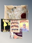 A box of antique and later glass ware, vases, cruets, dressing table bottle with silver rim,