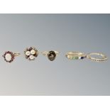 Five 9ct gold rings, variously set with gemstones CONDITION REPORT: 13.5g gross.