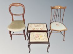 A late 19th century balloon backed bedroom chair together with further beech bedroom chair and two